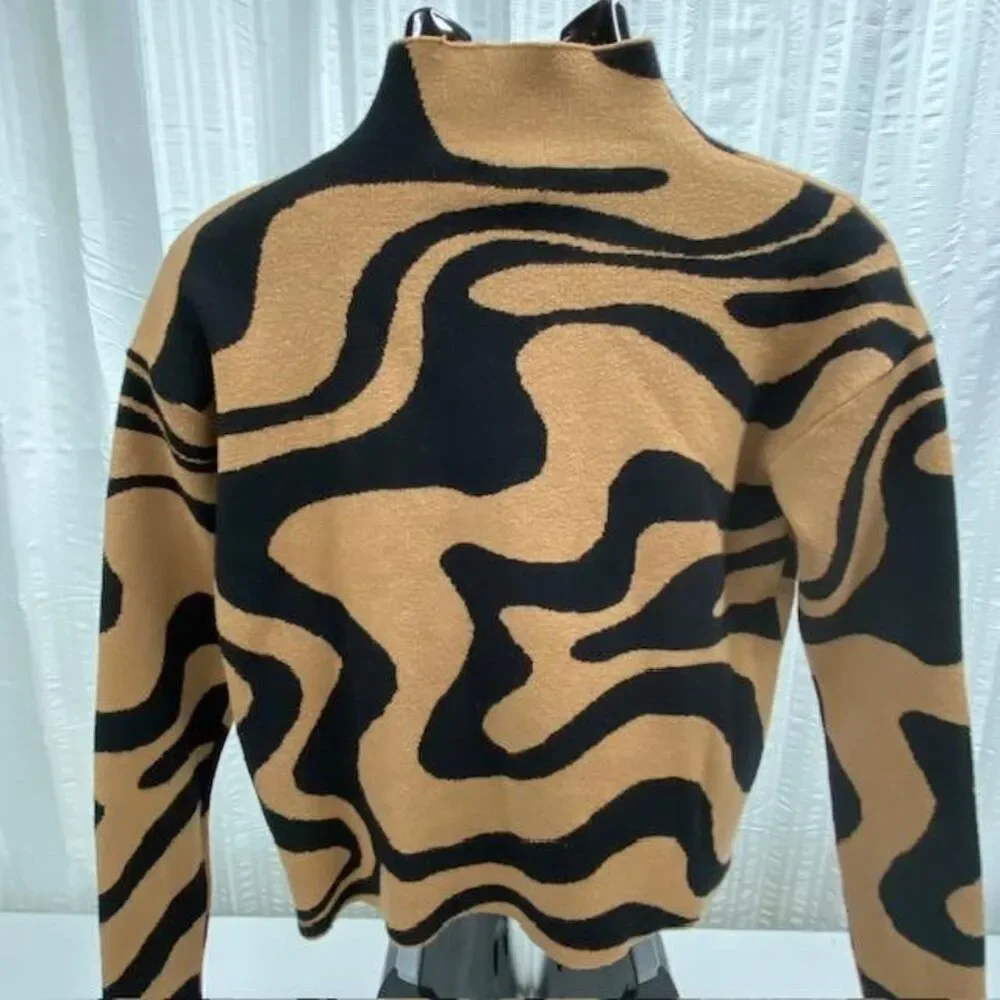 Christian Siriano New York XS Abstract Mock Neck Knit Sweater Tan Black Womens